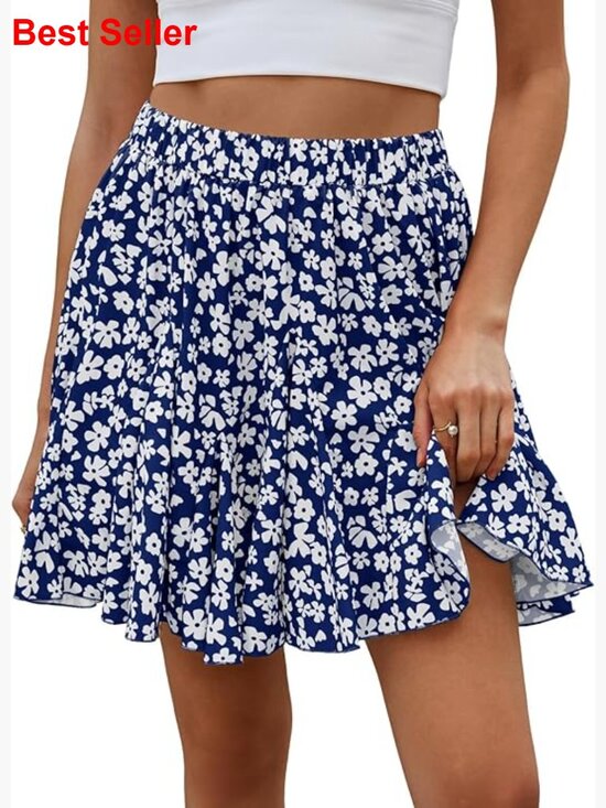 Dresses & Skirts - Summer Floral Mini Skirt Ruffle High Waisted Casual Flowy Boho Loose A Line